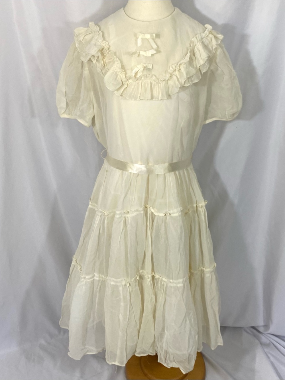 Girls Vintage Sheer Cream Ruffle Tiered Dress with Satin Waist Size 12